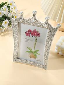 1pc Crown Shaped Photo Frame Inlaid With Faux Pearl And Rhinestone, Holds 3", 6", 7" Photos, Suitable For Room Decor, Home Decor, Halloween Decor (Photo Paper Shipped Randomly) - Silver With Pearls and Rhinestones - View 4