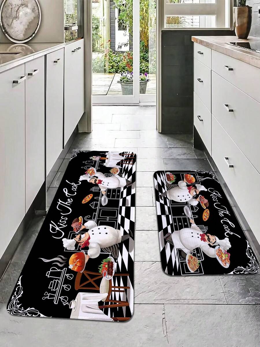 1 pieza Felpudo de cocina vintage negro con gráfico de chef, felpudo rectangular suave antideslizante y absorbente para cocina, comedor, sala de estar - Multicolor - Ver 1