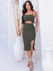 ELEGANT MIDI STRAP DRESS WITH FRONT SLIT - xanh quân đội - Xem 1