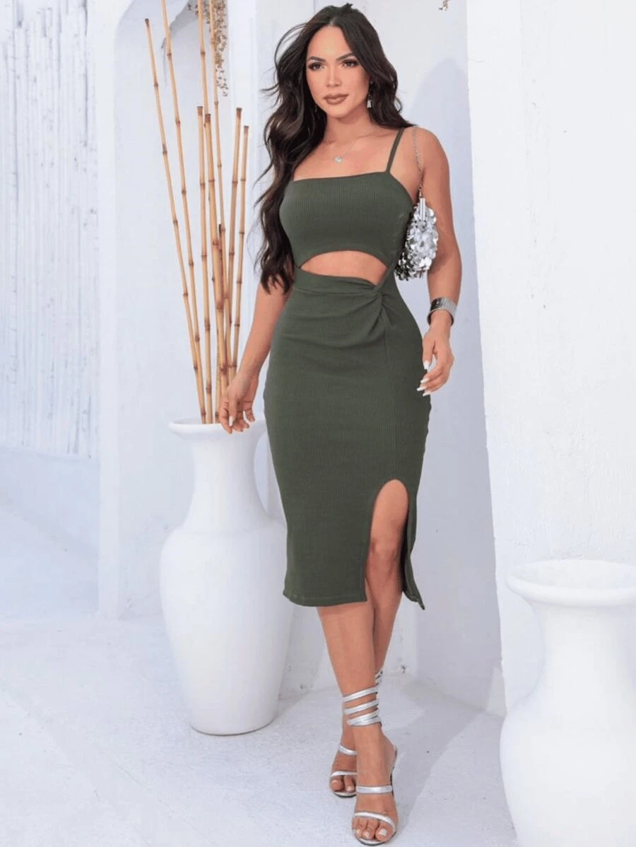 ELEGANT MIDI STRAP DRESS WITH FRONT SLIT - xanh quân đội - Xem 1