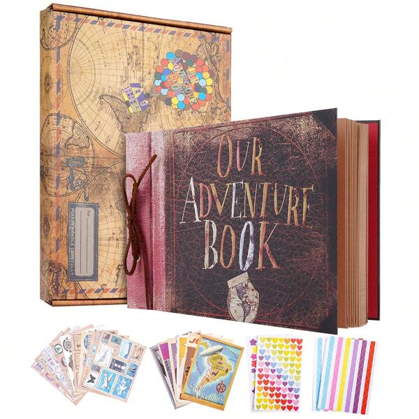 OUR ADVENTURE BOOK Abenteuerbuch-Scrapbook-Album, 29,2 x 19,3 cm, 80 Seiten, Hardcover mit 3D-Retro-Prägung, Movie Up, Erinnerungsbuch für Paare, Geschenkideen für Paare, Jahrestag, Geschenk für die beste Freundin