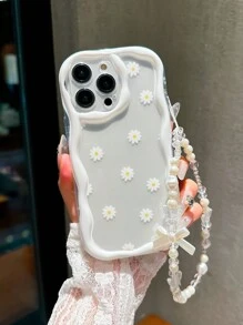 波浪边雏菊花手机壳适用于 14 Pro Max、13、12/12 Pro、11、15、15 Pro Max、16、16 Pro Max、17 Pro Max，配有白色蝴蝶结挂绳，设计优雅 - 白色 - 查看 2