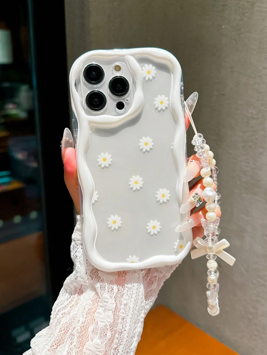 波浪边雏菊花手机壳适用于 14 Pro Max、13、12/12 Pro、11、15、15 Pro Max、16、16 Pro Max、17 Pro Max，配有白色蝴蝶结挂绳，设计优雅 - 白色 - 查看 1