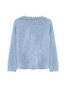 Joy Knit 女式时尚休闲可爱蝴蝶结提花长袖套头衫，春季 - 藍色 - 查看 5