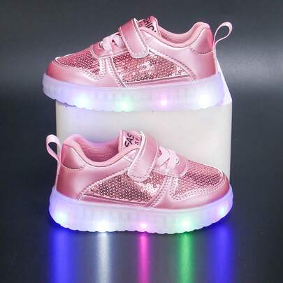 1 Pair Baby Girls Light-Up Shoes, 1 Pair Solid Color Glitter Infant Shoes, 1 Pair Toddler Athletic Shoes, 1 Pair Girls Canvas Shoes, 1 Pair Baby Girls Glitter Material Comfortable Shoes, 1 Pair Outdoor Shoes, Shoe Length 13-18.3cm, Fashionable And Versatile For All Seasons Girls Shoes