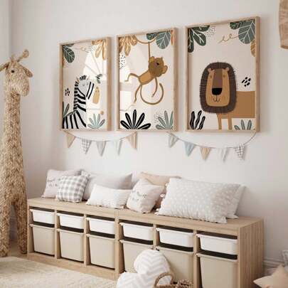 3pcs/Set Boho Style Room Wall Art, Wild Animal Prints For Room, Green Nursery Wall Decor, Unframed Canvas Posters, Art Painting Gifts For Bedroom, Office, Living Room, Home & Dorm Decoration Birthday Graduation