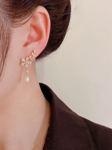 1 对金色/银色水钻麦穗花耳环，仿珍珠耳环，水钻镶嵌麦穗耳环，婚礼新娘珠宝流苏耳环，适合婚礼节日生日派对约会珠宝礼物情人节 - 金色 - 查看 6