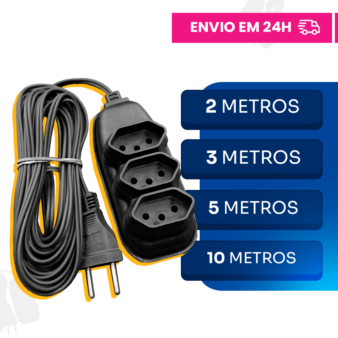 EXTENSÃO 2, 3, 5 ou 10 METROS - BIVOLT 110/220V 10A TRIPOLAR RESISTENTE COR PRETA