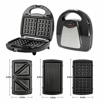 HONGMEI 3-In-1 Sandwich Maker, Panini Press & Waffle Iron Set With 3 Removable Non-Stick Plates, 750W Toaster Perfect For Sandwiches, Grilled Cheese, Steak, Black