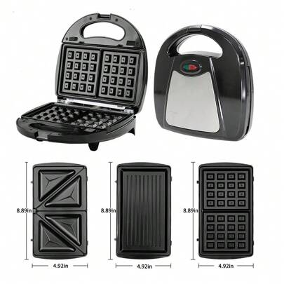 HONGMEI 3-In-1 Sandwich Maker, Panini Press & Waffle Iron Set With 3 Removable Non-Stick Plates, 750W Toaster Perfect For Sandwiches, Grilled Cheese, Steak, Black