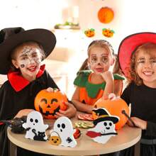 1 Stück süßer Geist Halloween Deko für Innenräume, dekorativer hölzerner Etagen-Tablett Ständer, Schilder mit schwarzer Katze, Fledermaus, Besen und Kürbis Blocken für Party, Zuhause, Regal Display im Herbst, Weihnachten