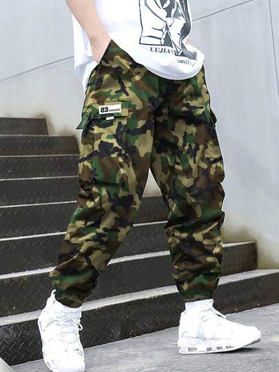 Teen Boy 1pc Casual Simple Camo Print Hiphop Pocket Cargo Pants, Spring/Autumn