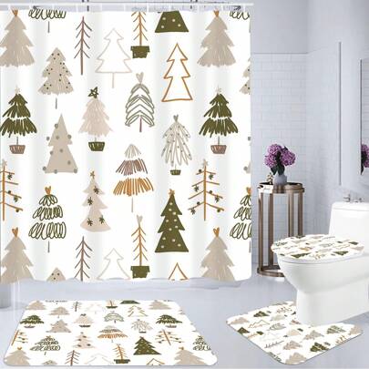 1 件/4 件简约圣诞树图案浴室装饰套装、浴帘、窗帘、防滑浴垫、节日礼物秋季装饰浴室配件返校