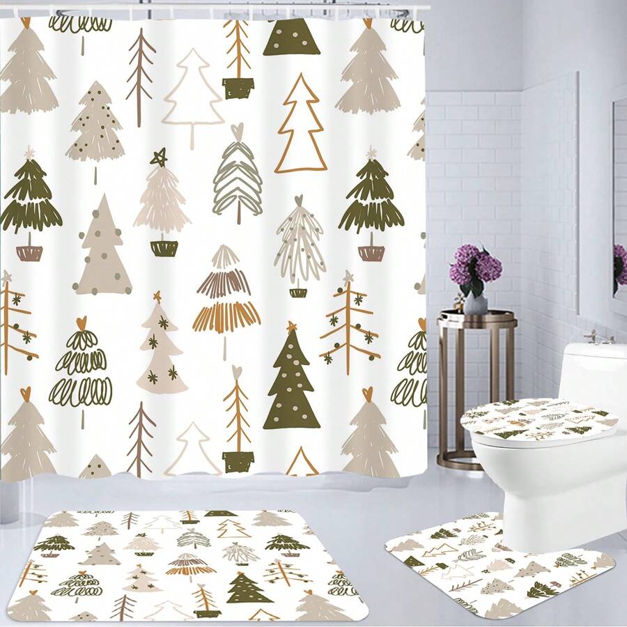 1pc/4pcs Minimalist Christmas Tree Pattern Bathroom Decor Set, Shower Curtain, Window Curtain, Non-Slip Bath Mat, Holiday Gift Fall Decor Bathroom Accessories Back To School