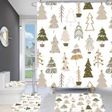1pc/4pcs Minimalist Christmas Tree Pattern Bathroom Decor Set, Shower Curtain, Window Curtain, Non-Slip Bath Mat, Holiday Gift Fall Decor Bathroom Accessories Back To School