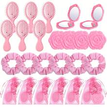 24pcs/Set Bridal Shower Favors,Hair Brush+Scrunchies+Cosmetic Mirror+Organza Bags, Hair Accessories For Wedding, Bridesmaid, Proposal, Birthday, Gender Reveal Parties - Pink Party Favors,