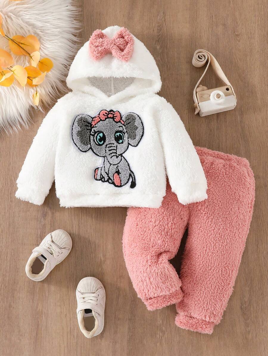 Baby Girl 2pcs/Set Cute Elephant Pattern Bow Decor Hat & Fluffy Sweater Top, Solid Color Fluffy Casual Pants Set - White - View 1