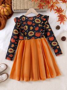 1 Pc Tween Girls Long Sleeve Patchwork Dress With Printed Top And Velvet Bottom, Autumn, Halloween