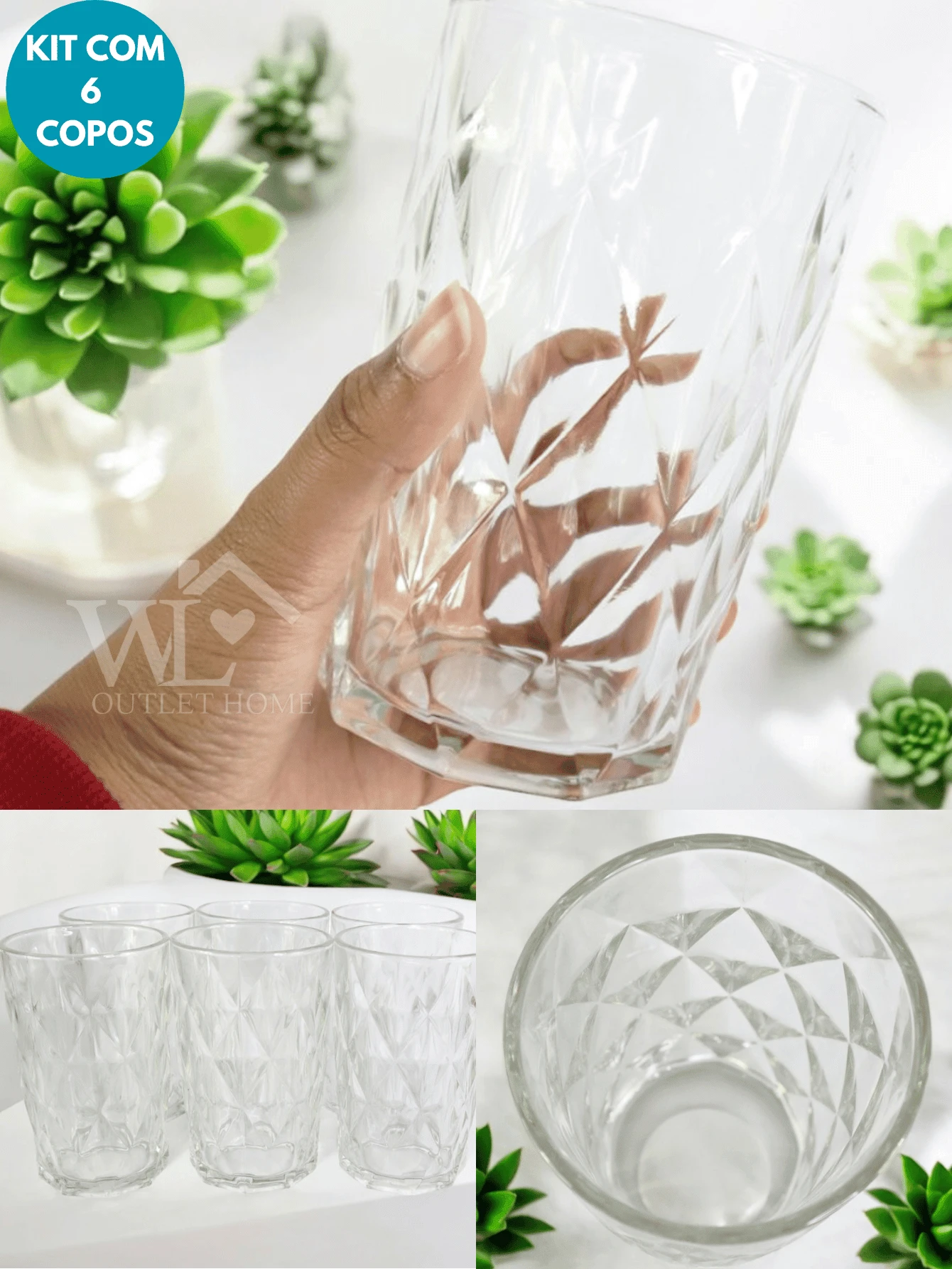 Set Of 6 Diamond Glass Cups 370ml - trắng - Xem 1
