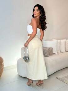 Women's Midi Linen Skirt With High Waist Slit - 離開 - 查看 4