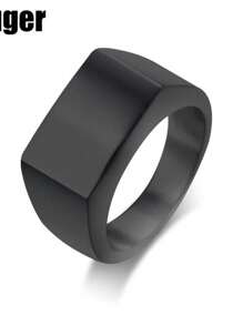 Flat Top Square Band Signet Ring Men Oxidized Silver Color Stainless Steel Vintage Rustic Male Jewelry - Dorado - Ver 7