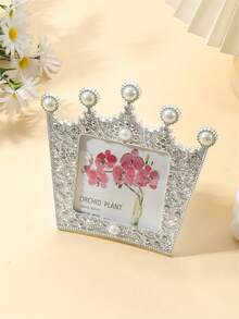 1pc Crown Shaped Photo Frame Inlaid With Faux Pearl And Rhinestone, Holds 3", 6", 7" Photos, Suitable For Room Decor, Home Decor, Halloween Decor (Photo Paper Shipped Randomly) - Silver With Pearls and Rhinestones - View 6