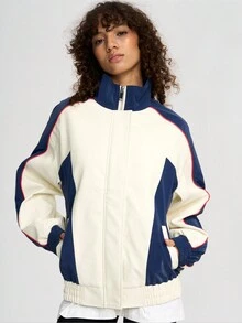 OUTTA BOX Áo khoác thể thao thường ngày màu xanh và trắng tương phản viền đỏ PU mùa xuân/hè - Xanh và trắng - Xem 3