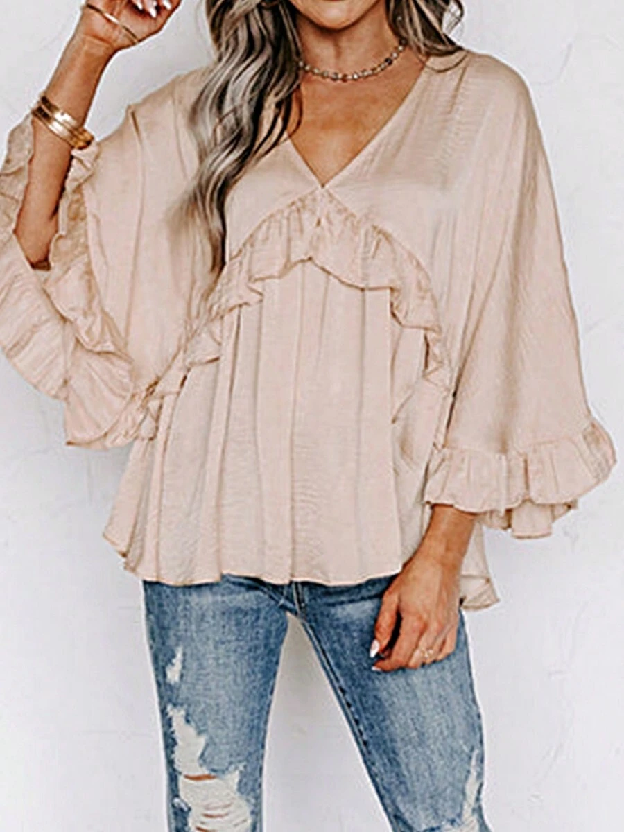 Boho Retro Vintage 90's Khaki Beige Apricot Ruffle V Neck Half Sleeve Loose Top Shirt Blouse - Apricot - View 1