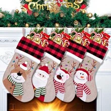 Tất Giáng sinh - Thân bằng vải lanh họa tiết kẻ caro đen và đỏ, có thiết kế 3D hình ông già Noel/người tuyết/tuần lộc/gấu bắc cực, trang trí tường nhà ngày lễ Giáng sinh, đồ trang trí treo cây thông Noel, tất quà tặng, Giáng sinh - Vải lanh giả màu vàng - Xem 12