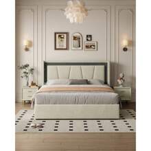 Modern And Stylish Bed Frame With Beautiful Mesh Back Panel, Equipped With LED Lights, Cotton And Linen Fabric, Stable Frame, Easy To Assemble - 淺灰色 - 查看 1