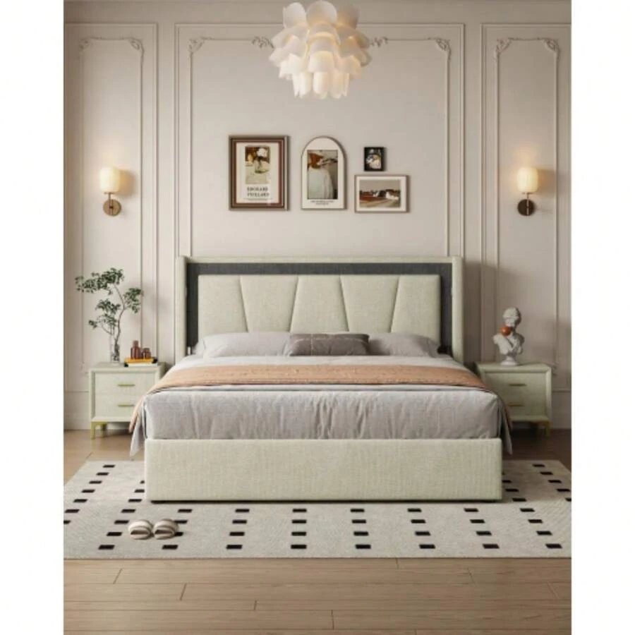 Modern And Stylish Bed Frame With Beautiful Mesh Back Panel, Equipped With LED Lights, Cotton And Linen Fabric, Stable Frame, Easy To Assemble - 淺灰色 - 查看 1