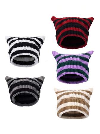 1 件装猫耳帽 Y2K 条纹钩针帽复古垃圾摇滚配饰宽松女式帽子万圣节可爱