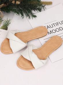 Women's Dressy Summer Flat Slides Comfortable Open Toe Slip On PU Leather Sandals Casual Summer Shoes - trắng - Xem 2