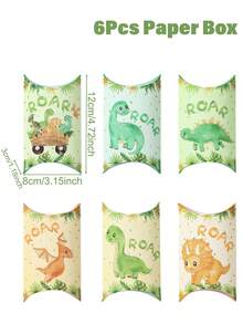 6 piezas Caja de caramelos con forma de almohada con estilo de dinosaurio y animales de la jungla, suministros de decoración para fiesta de  y cumpleaños con tema salvaje de dinosaurios, suministros para envolver regalos para reuniones familiares, bolsas de almohada de regalo de galletas - Multicolor - Ver 3