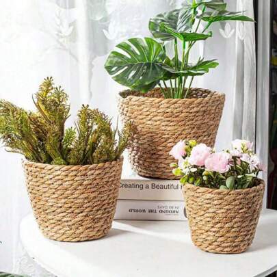 Set da 1 pezzo di vasi da fiori in stile nordico, in paglia, fatti a mano, secchio per abbraccio compleanno, per decorazione di soggiorno, balcone, pe
