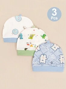 3 piezas/Set Gorros de punto con estampado floral encantador para bebés niños, primavera otoño - Multicolor - Ver 1