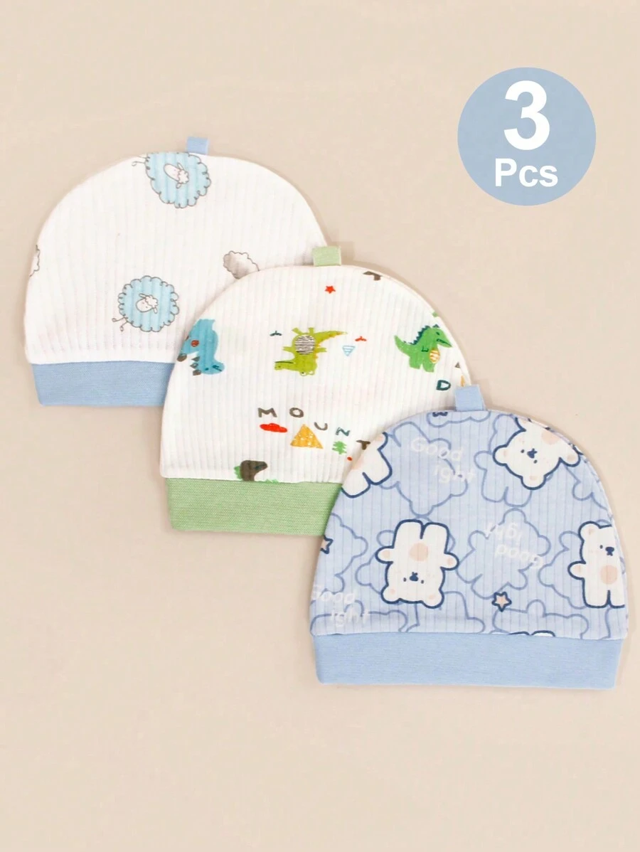 3 piezas/Set Gorros de punto con estampado floral encantador para bebés niños, primavera otoño - Multicolor - Ver 1
