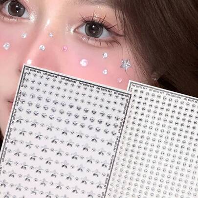 2pcs/Pack Multi-Rhinestone 3D Shiny Silver-White Pentagram Transparent Crystal Rhinestone Stickers, Suitable For Eye Corner/Nail/Face Decoration, Applicable For Music Festival, Carnival, Valentine's Day, Y2K Style Party, Daily Decoration, Makeup Party, Ball, Can Be Used For Hair, Eyes, Face, Body Decoration