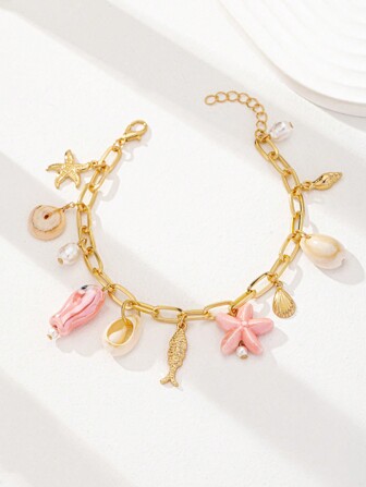 1 Stück Armband mit Seestern-, Muschel- und Sardinen-Charm-Anhängern für Frauen, Schmuck für Sommerurlaub am Strand, Geschenk für Frauen