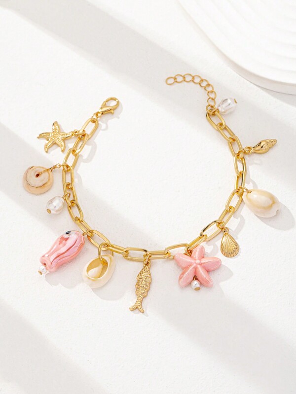 1 pièce Bracelet à breloques multiples avec décoration d'étoile de mer, coquillage et sardine pour femmes, bijou de plage pour vacances d'été, cadeau pour femmes