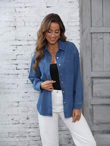Áo khoác denim dài tay thường ngày cho nữ - Rửa tối - Xem 3