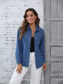 Áo khoác denim dài tay thường ngày cho nữ - Rửa tối - Xem 9