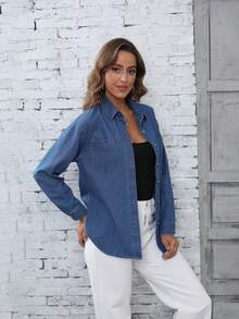 Áo khoác denim dài tay thường ngày cho nữ - Rửa tối - Xem 4