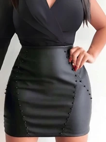 WOMEN'S SHORT LEATHER SKIRT MINI BLACK LEATHER SKIRT PEARL FASHION COUNTRY - 黑色 - 查看 1