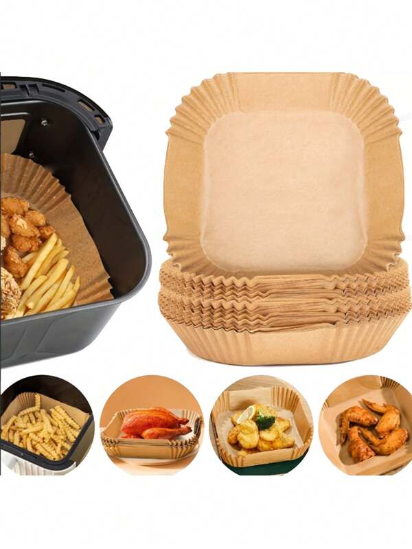 50/75/100pcs Square Air Fryer Baking Paper, Kitchen Food Tray Oil Paper, Outdoor Party Barbecue Fried Chicken Food Paper Tray, Air Fryer Liner Pot, Paper Basket Bowl, Baking Tray, Oven Accessories, Baking Tools, Kitchen Supplies, Kitchen Accessories