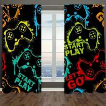 2 pièces Rideaux semi-transparents imprimés de contrôleur de jeu sur fond noir, panneau de polyester avec œillets pour décoration de salle de séjour, salle de jeu, chambre à coucher, fournitures pour fête de cuisine