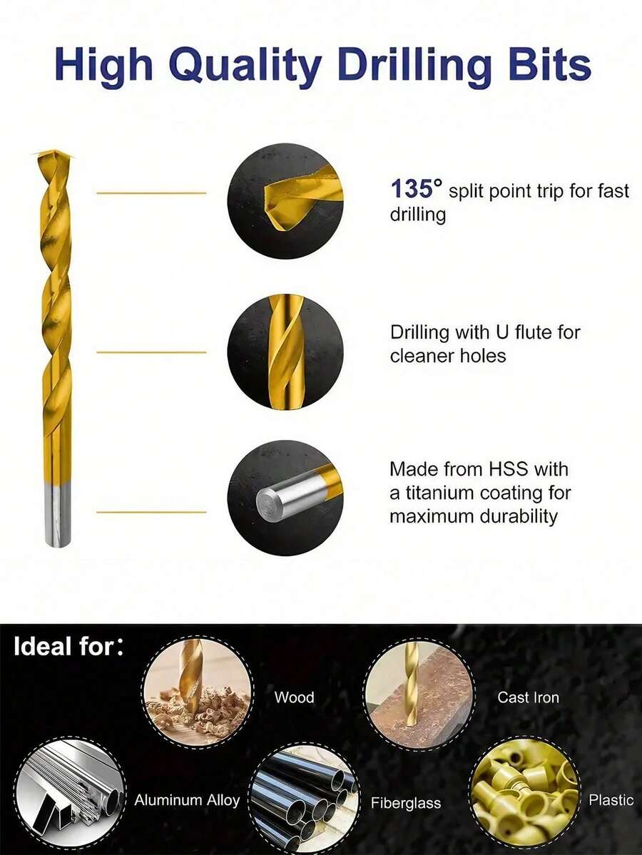 STONEGO 1 Box (99 Pcs) Titanium Drill Bit Set Round Shank Electric