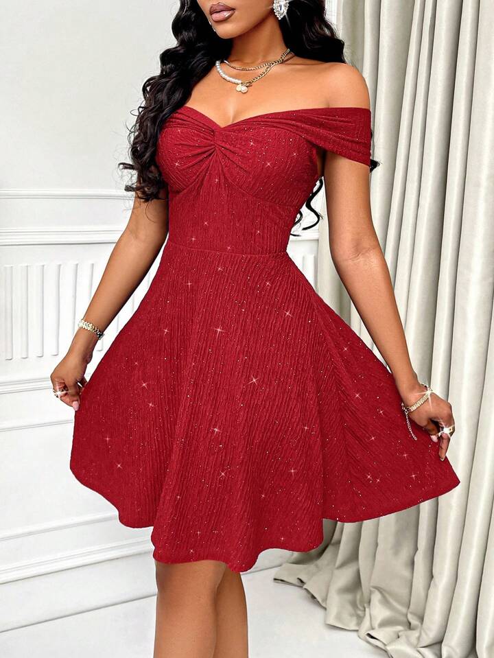 Women s Sexy Solid Twisted Off Shoulder Backless Glitter Detail A Line Dress For Party Cocktail Christmas Valentines Day SHEIN UK