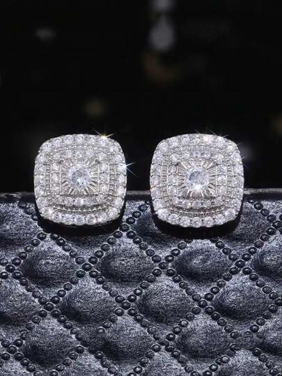 kuuioe 2pcs Vintage Square Zirconia Stone Sparkling Hip-Hop Style Stud Earrings For Men & Women, Fashion Elegant Jewelry Punk Daily Wear Earrings