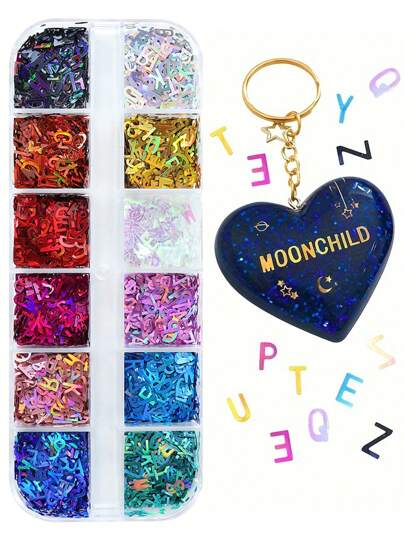 12 piezas de lentejuelas holográficas brillantes con letras en inglés, adecuadas para rellenar resina epoxi, letras de corte láser para rellenar brillo de resina, molde de silicona, manualidades DIY